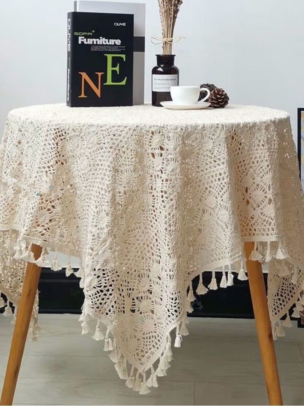 Boho Crochet Tablecloth with Tassels - Cream